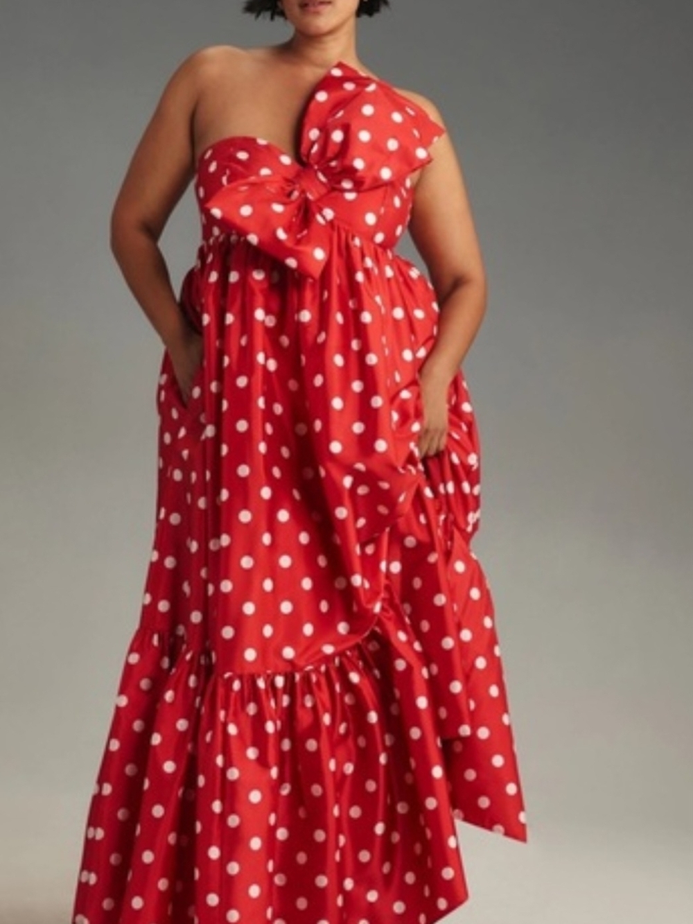 Red Satin Polka Dot Maxi Dress with Bow